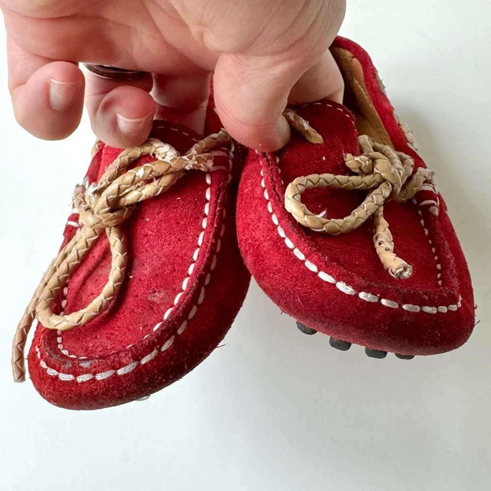 Atelier Suede Leather Moccasin Loafer Driver Shoes 25 US 9 Red Preppy Academia
